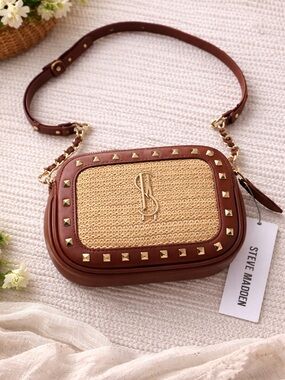 Steve Madden Straw Studded Crossbody Brown Raffia NWT Summer Bag